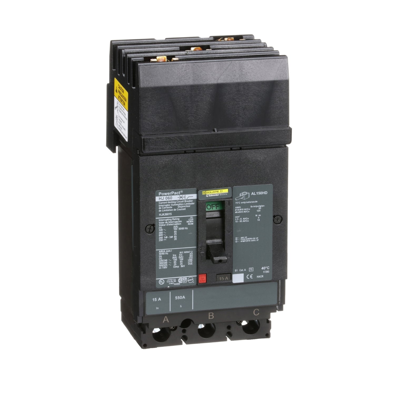 HJA36015 - Schneider Electric - I-Line Plug-In 15 Amp 3 Pole 600 Vol Square D Molded Case Circuit Breaker