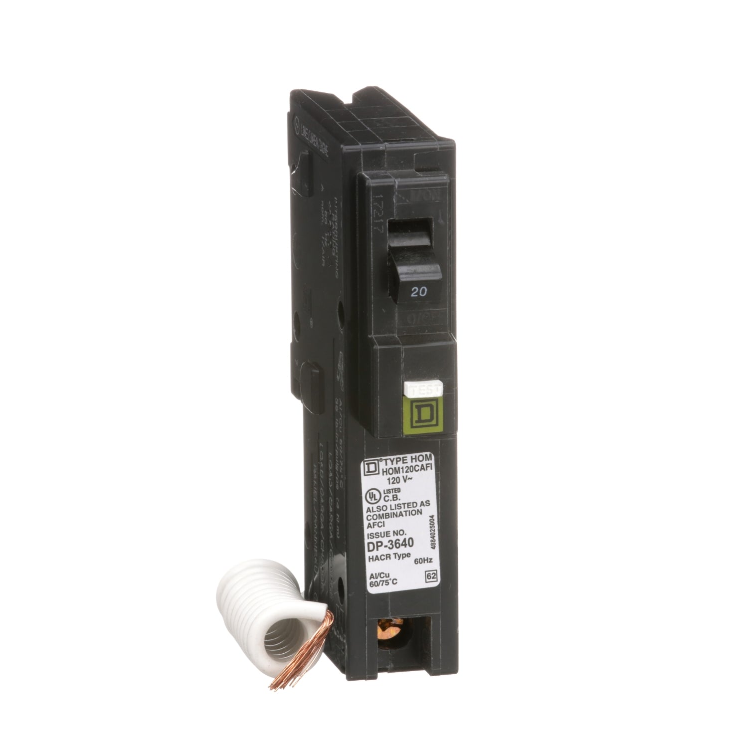 HOM120CAFI - Schneider Electric - Plug-In 20 Amp 1 Pole 120 Volt Square D Homeline Arc Fault Circuit Breaker