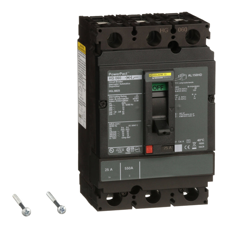 HGL36035 - Square D - Circuit breaker, PowerPacT H, 35A, 3-Pole, 600V, 18kA, lugs, 80%