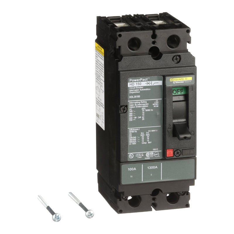 HDL26100 - Square D - PowerPacT H 100A 2-Pole 480V Molded Case Circuit Breaker, Unit Mount, 18kAIC at 480V