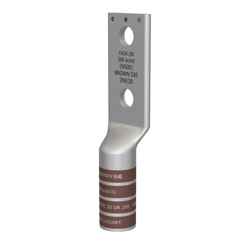 YA342N - Burndy - 1/2" Stud 2-Hole 1-3/4" Spacing Long Barrel Compression Terminal