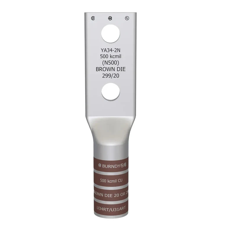 YA342N - Burndy - 1/2" Stud 2-Hole 1-3/4" Spacing Long Barrel Compression Terminal