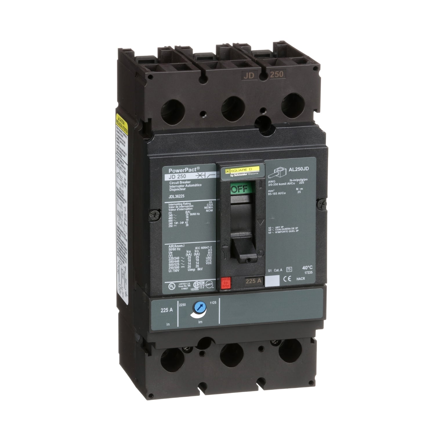 JDL36225 - Schneider Electric - Feed-Thru 225 Amp 3 Pole 600 Volt Square D Molded Case Circuit Breaker