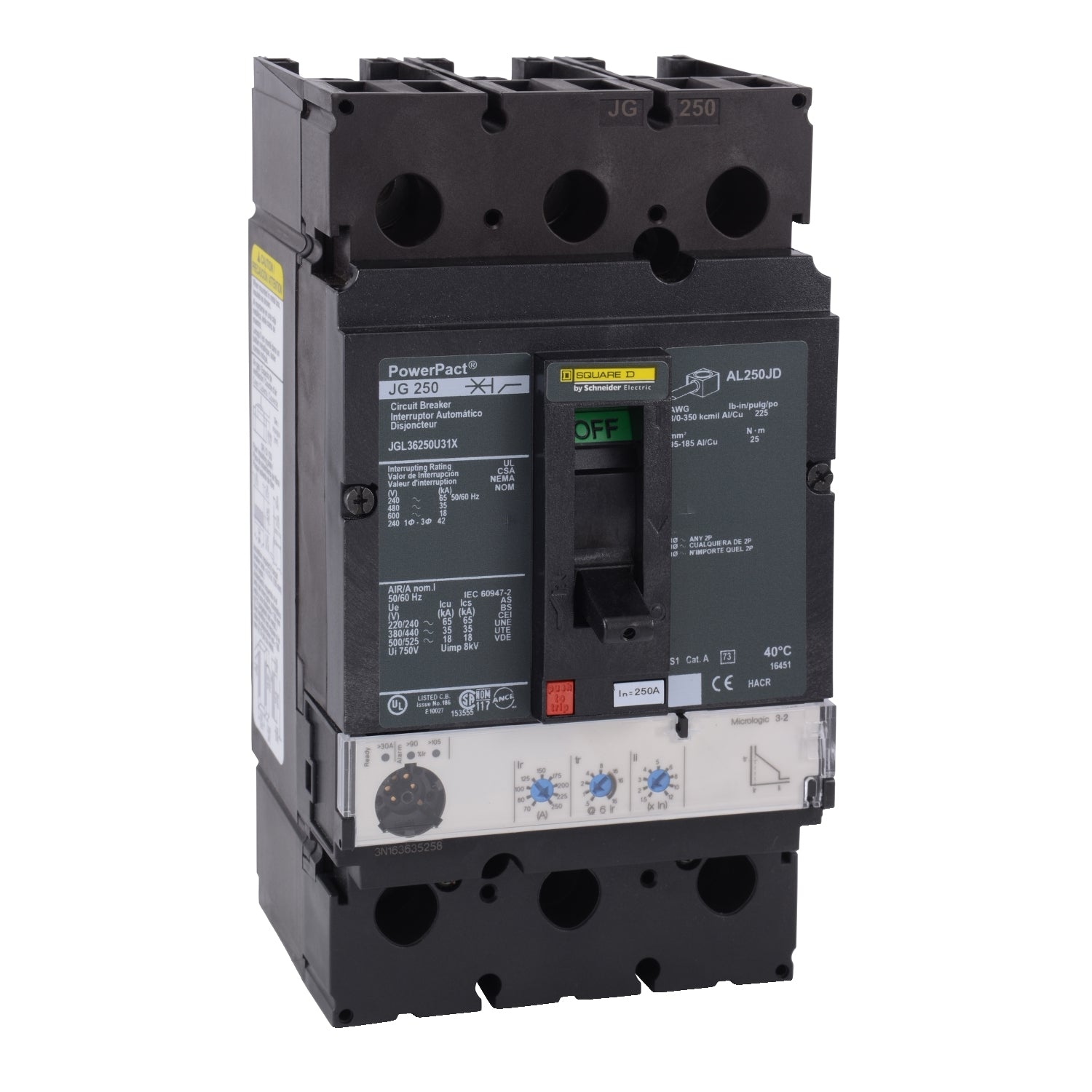 JGL36250U31X - Schneider Electric - Feed-Thru 250 Amp 3 Pole 600 Volt Square D Molded Case Circuit Breaker