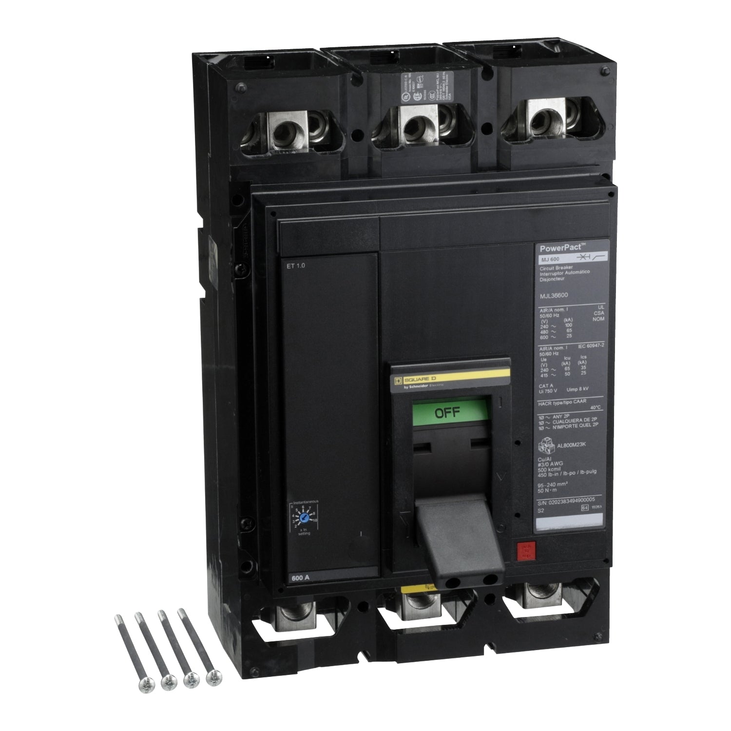MJL36600 - Schneider Electric - Feed-Thru 600 Amp 3 Pole 600 Volt Square D Molded Case Circuit Breaker