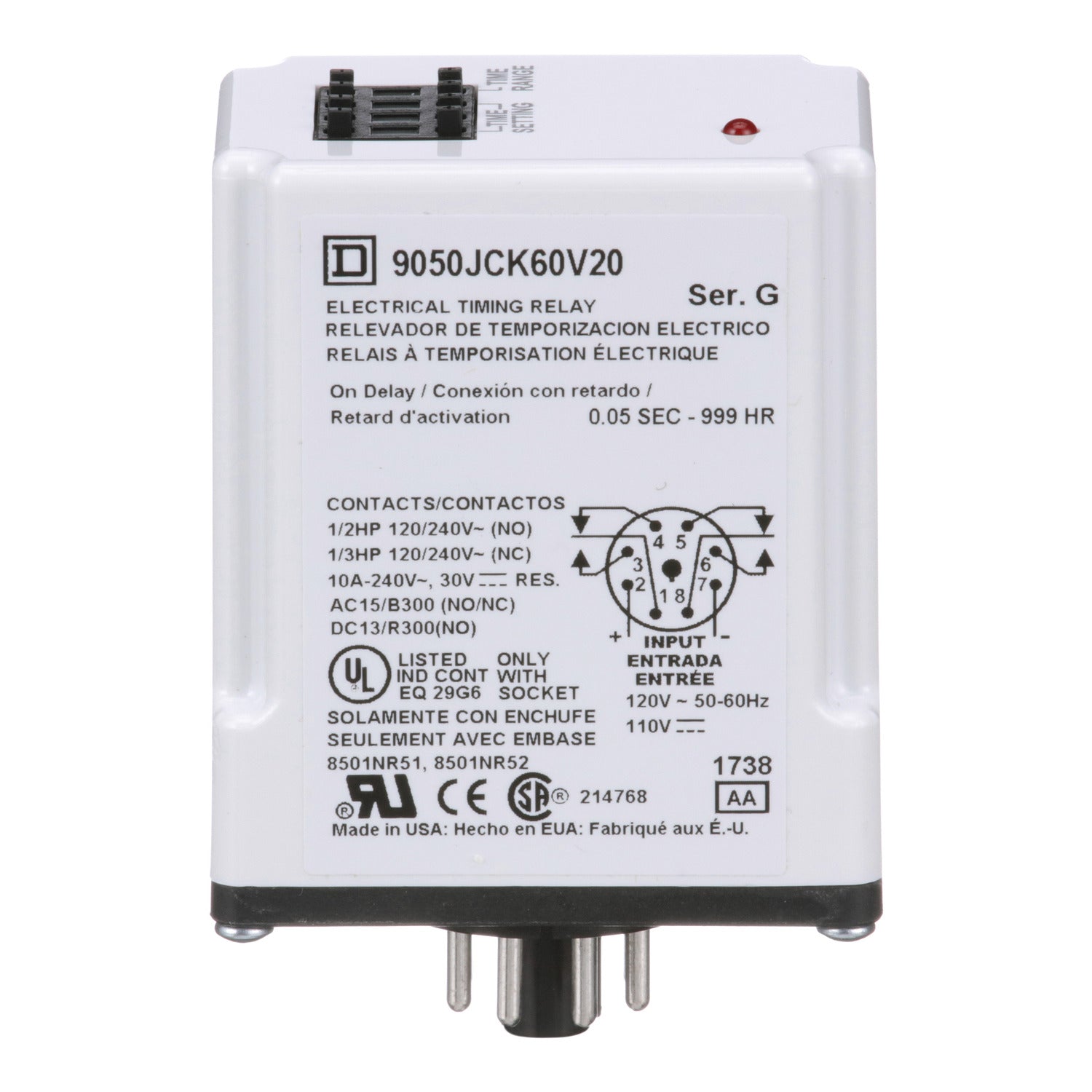 9050JCK60V20 - Schneider Electric - 10 Amp 240 Volt Square D Timer Relay