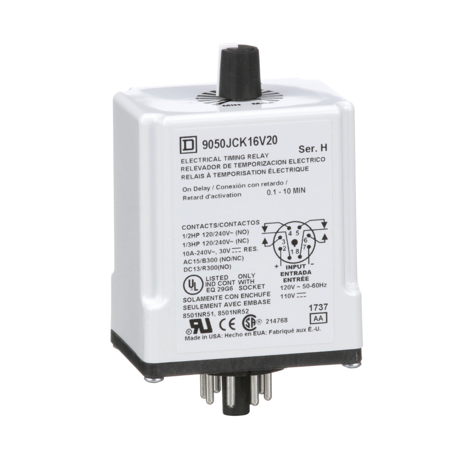 9050JCK16V20 - Schneider Electric - 10 Amp 240 Volt Square D Timer Relay