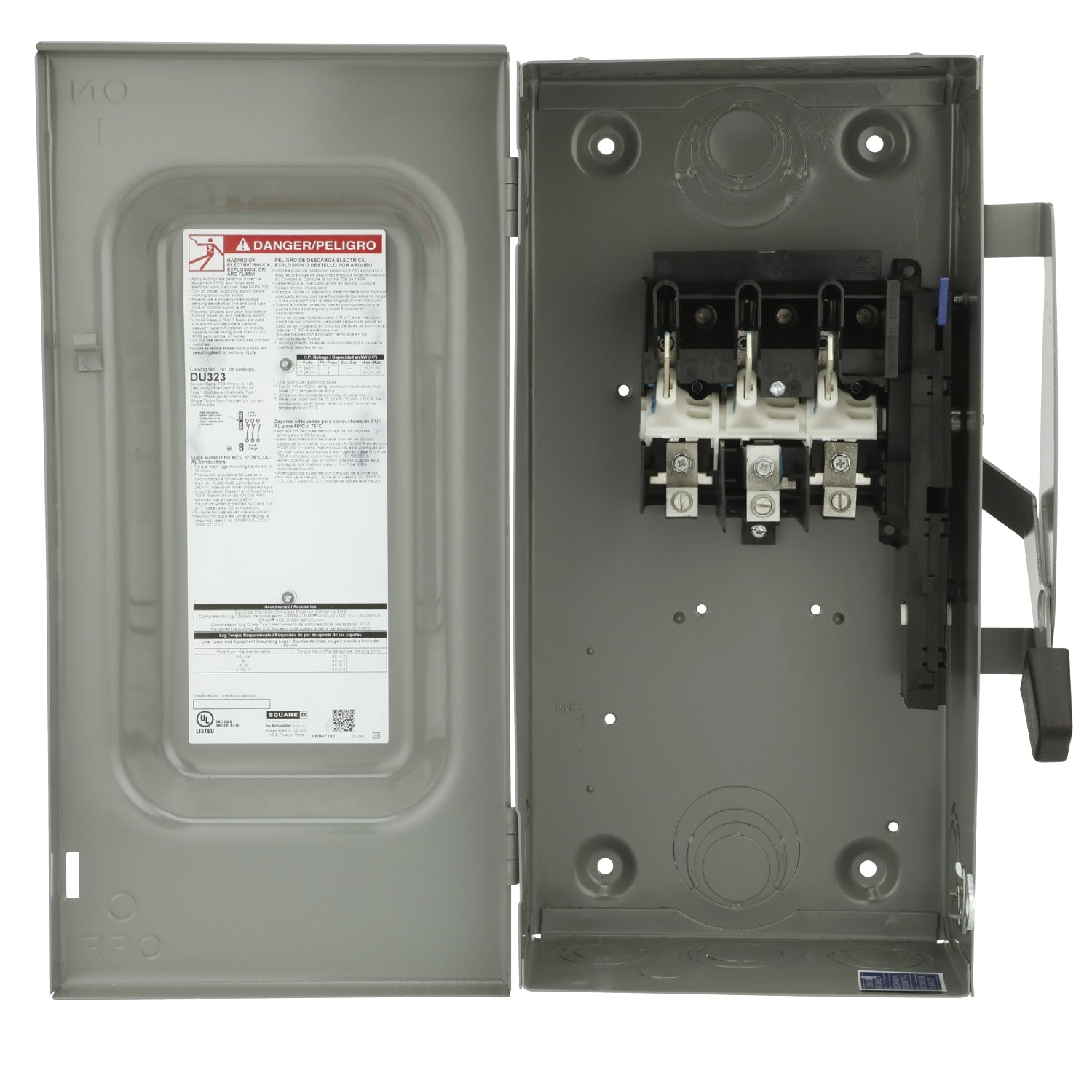 DU323 - Schneider Electric - 200A 240V Square D Disconnect 3Pole NEMA 3R