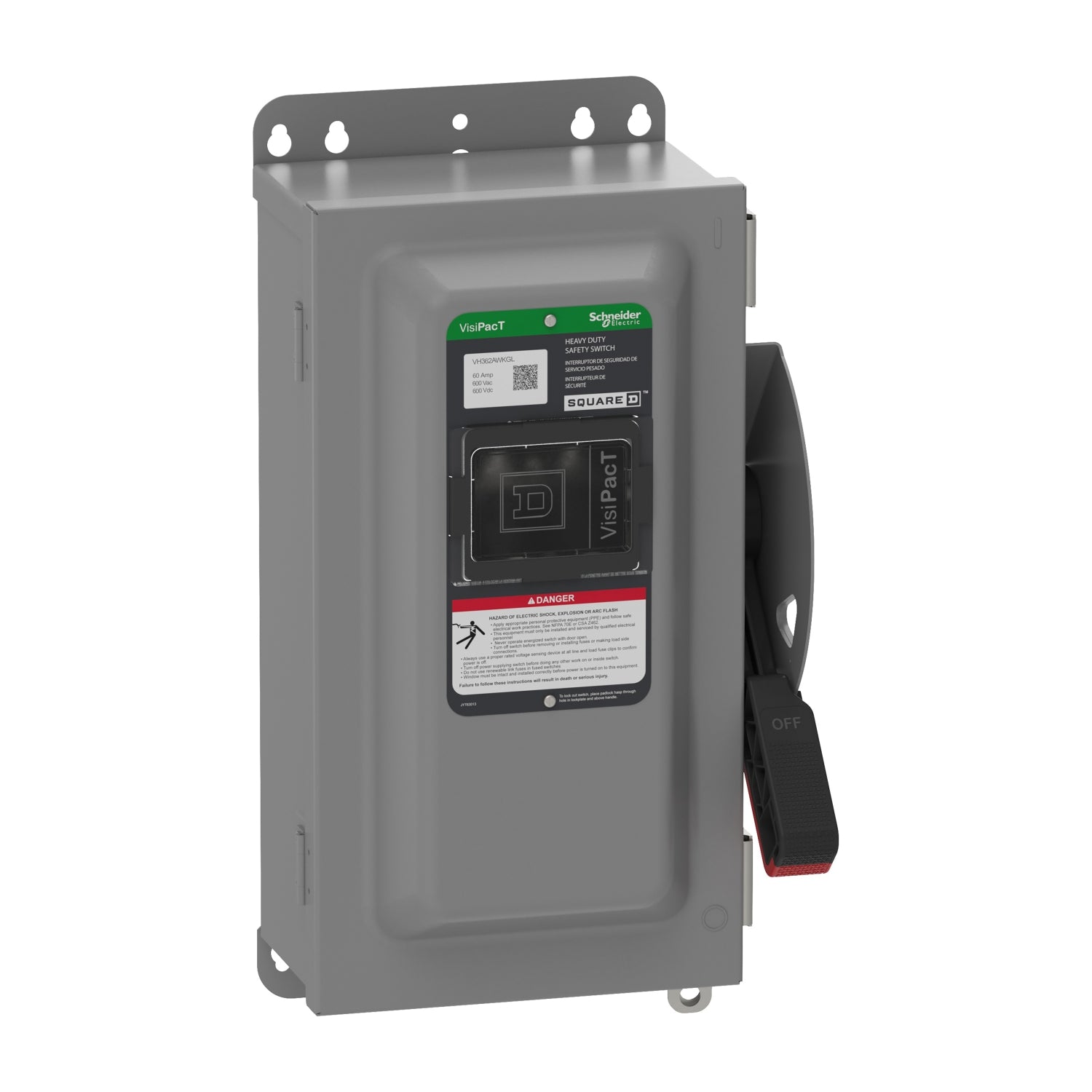 VH362AWKGL - Schneider Electric - 60A 600V Square D VisiPacT Heavy Duty Fused Safety Switch 3Pole NEMA 12K Viewing Window Auxiliary Contacts