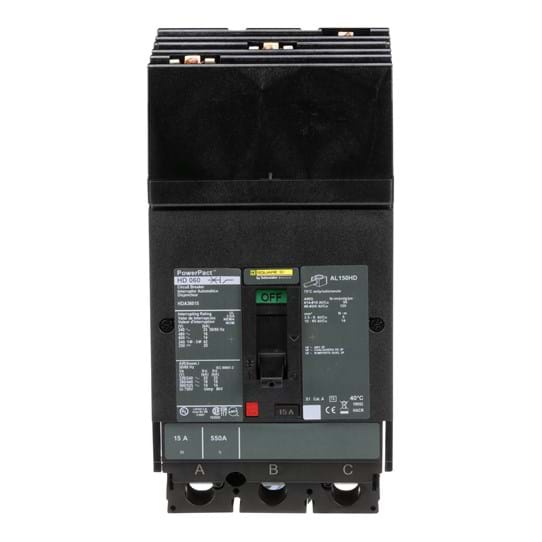 HDL36015 - Schneider Electric - Feed-Thru 15 Amp 3 Pole 600 Volt Square D Molded Case Circuit Breaker