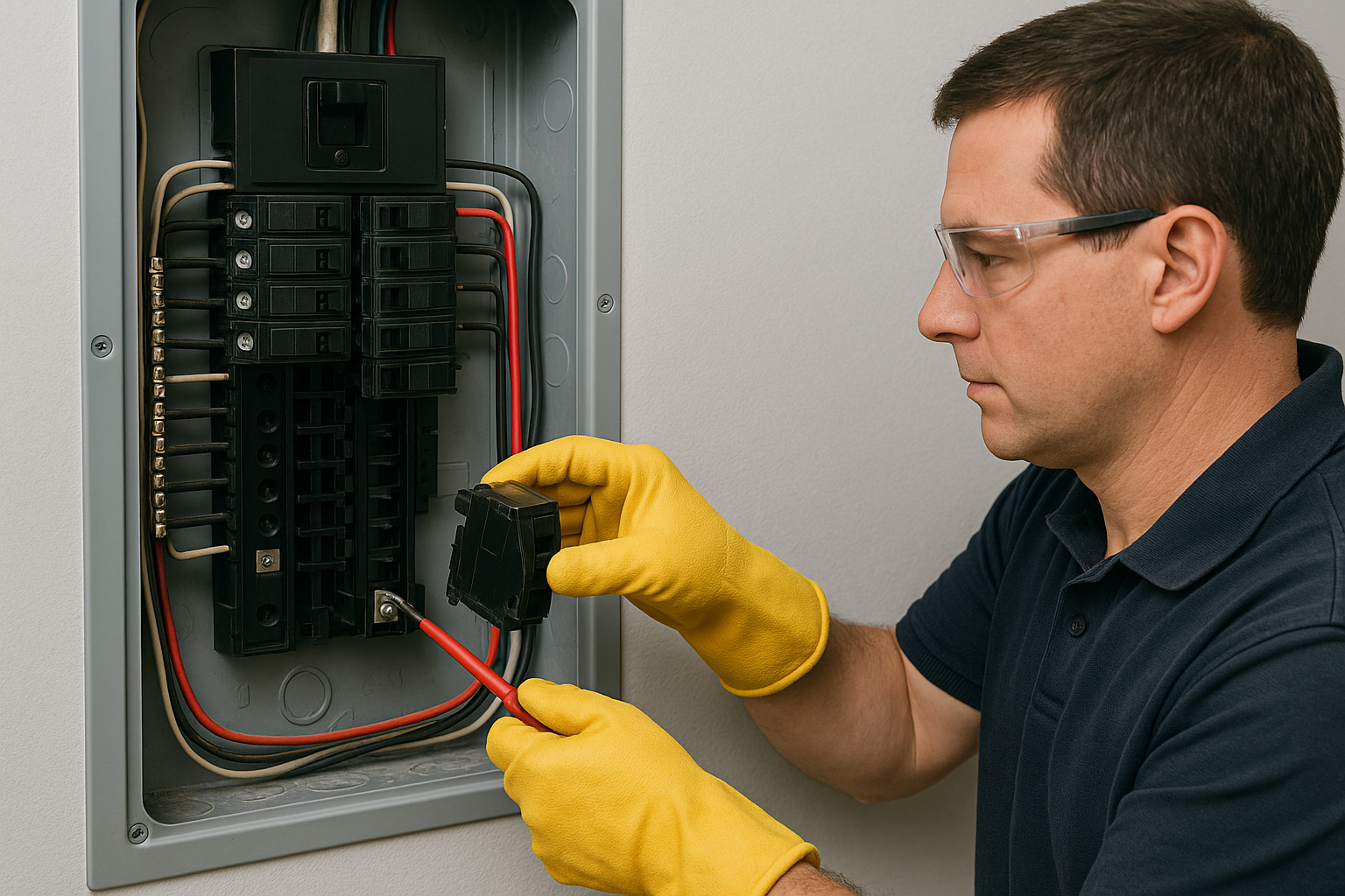 Electrician replacing a circuit breaker in a residential electrical panel