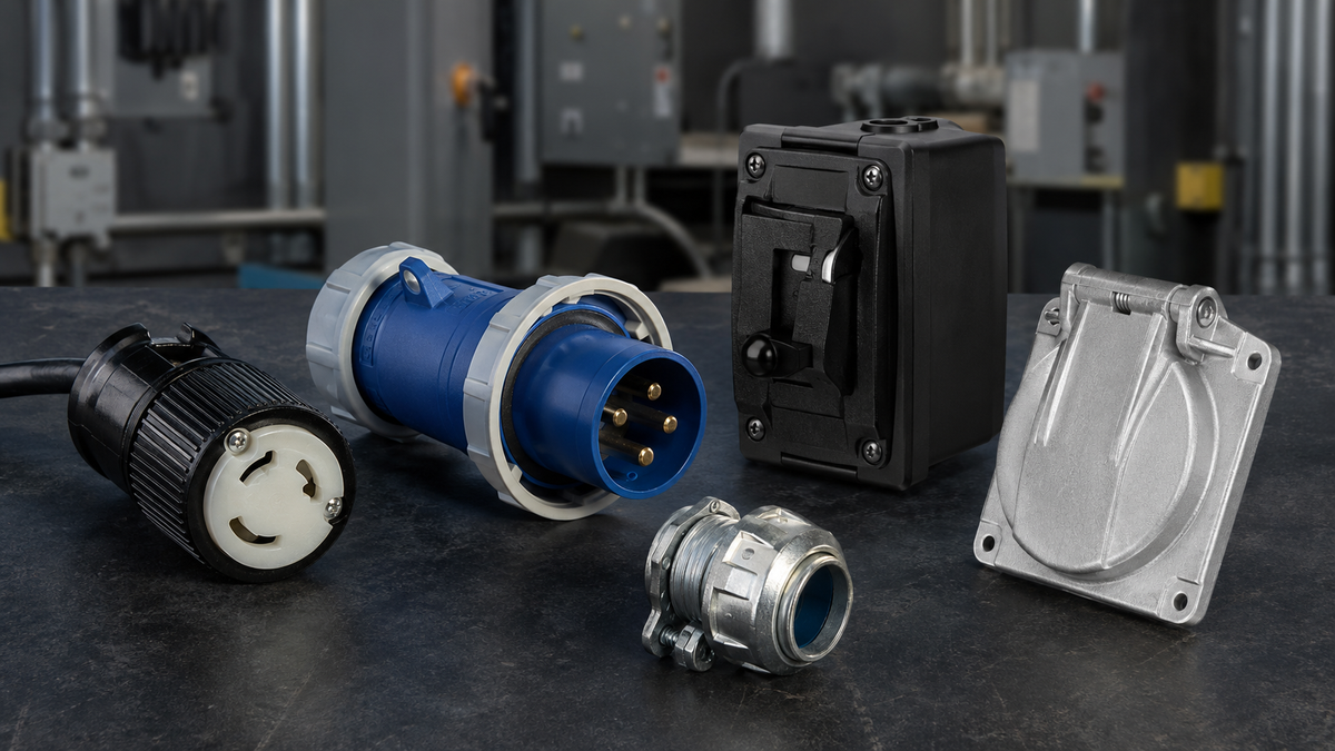 Hubbell-style industrial wiring devices arranged on an electrical workbench