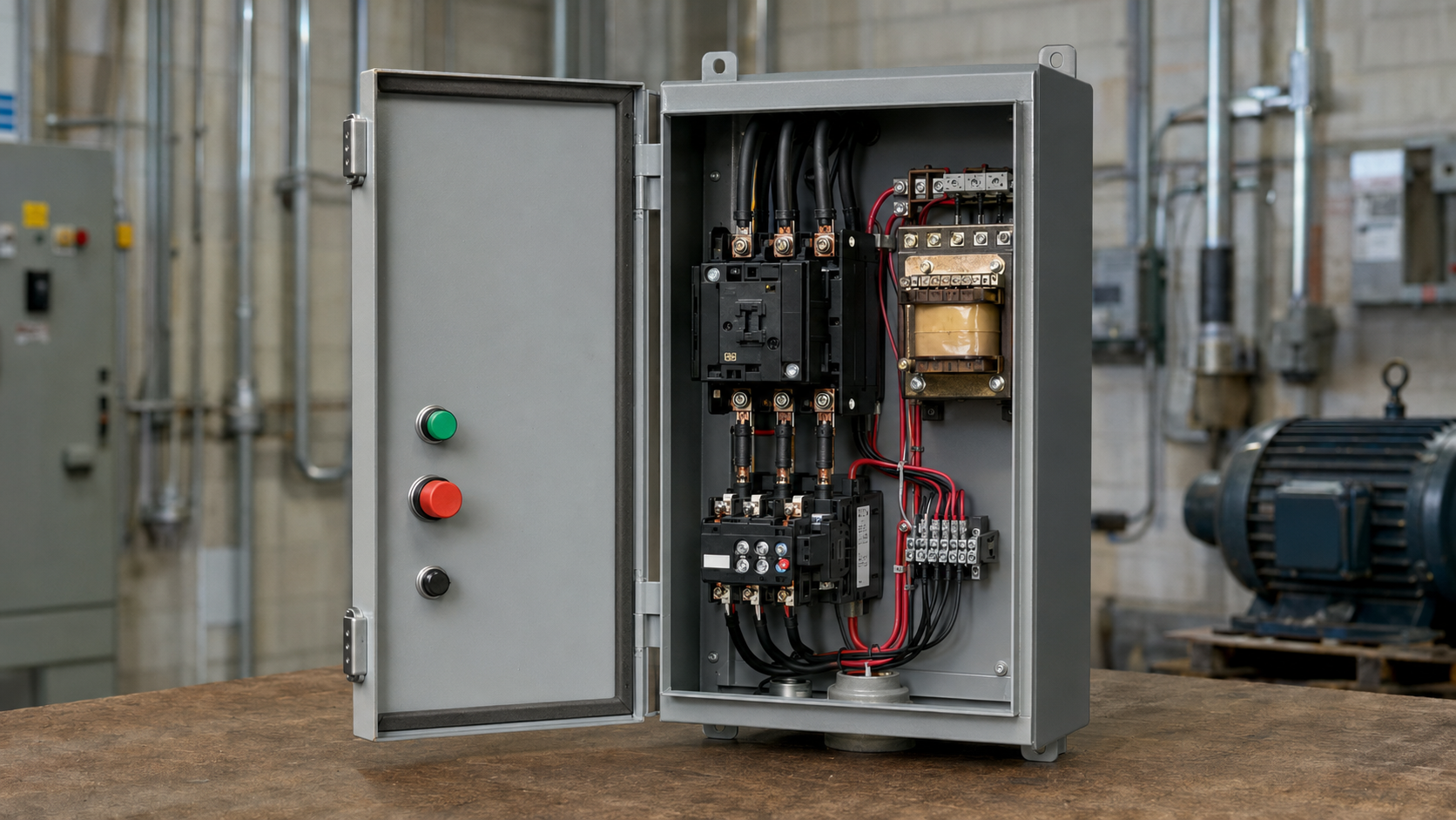 Open NEMA motor starter enclosure showing a contactor, overload relay, control transformer and Start/Stop pushbuttons