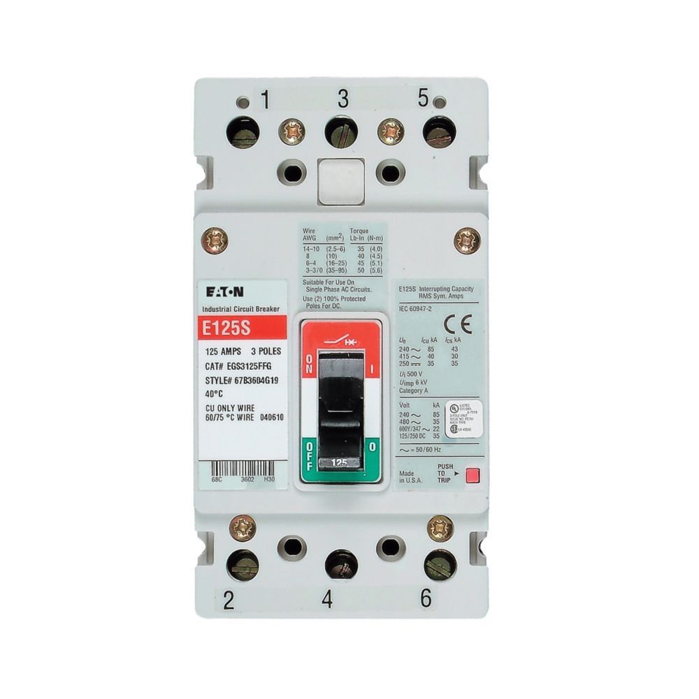 EGS3125FFG - Eaton Cutler-Hammer - 125 Amp 3 Pole 600 Volt Molded Case Circuit Breakers