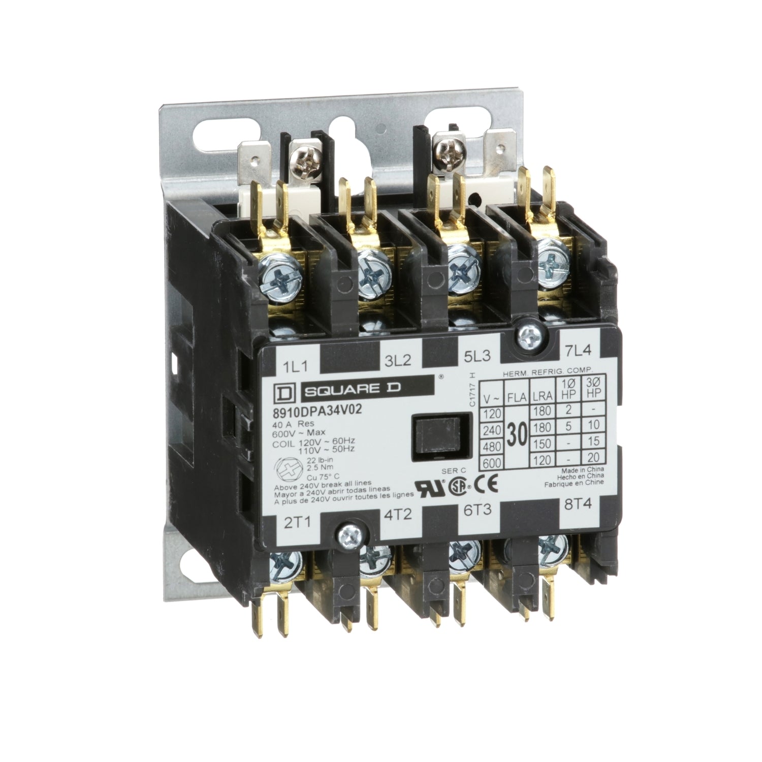 8910DPA34V02 - Schneider Electric - 30 Amp 4 Pole Square D Definite Purpose Contactor