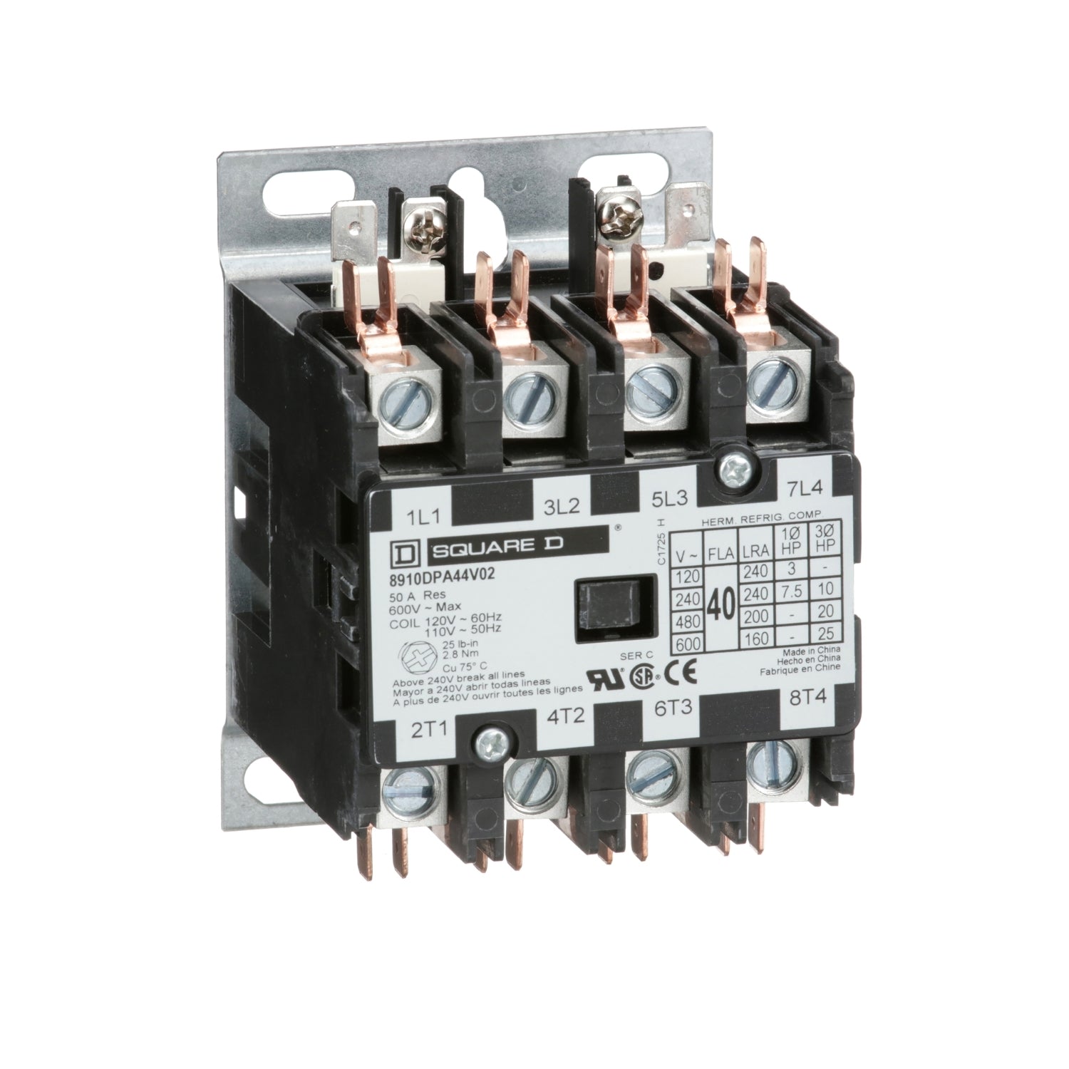 8910DPA44V02 - Schneider Electric - 40 Amp 4 Pole 120 Volt Square D Definite Purpose Contactor
