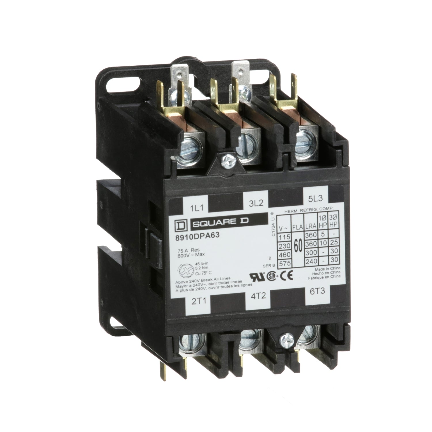 8910DPA63V09 - Schneider Electric - 60 Amp 3 Pole 240 Volt Square D Definite Purpose Contactor