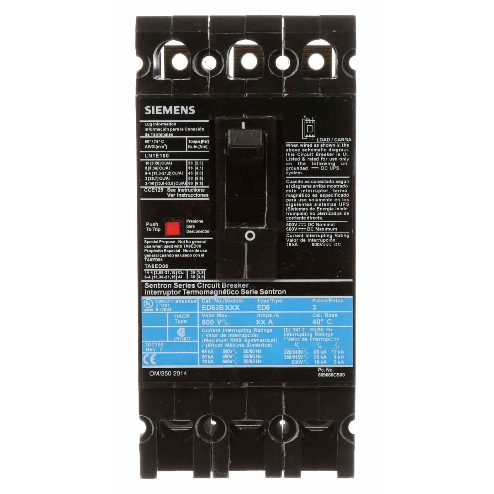 ED63B090L - Siemens - 90A 600V 3 Pole Feed-Thru Circuit Breakers