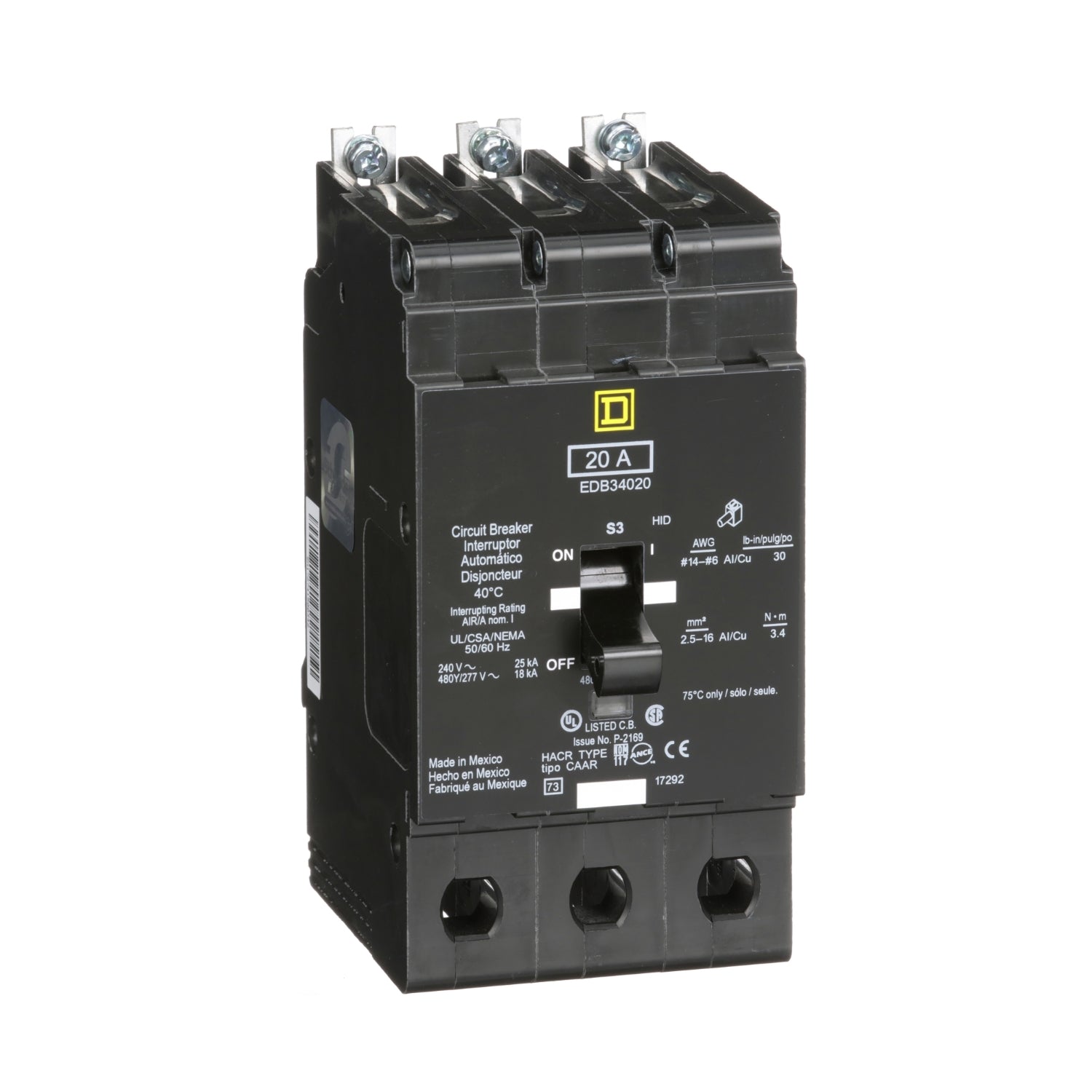 EDB34020 - Schneider Electric - Bolt-On 15 Amp 3 Pole 480 Volt Square D Molded Case Circuit Breaker