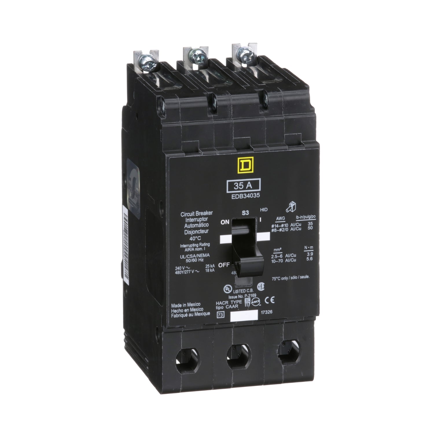 EDB34035 - Schneider Electric - Bolt-On 35 Amp 3 Pole 480 Volt Square D Molded Case Circuit Breaker