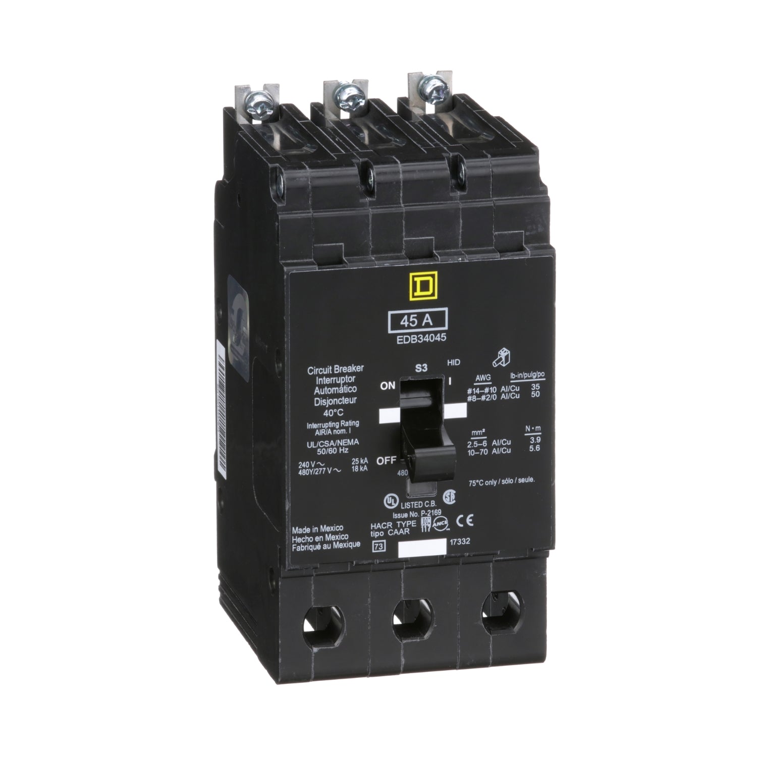 EDB34045 - Schneider Electric - Bolt-On 45 Amp 3 Pole 480 Volt Square D Molded Case Circuit Breaker