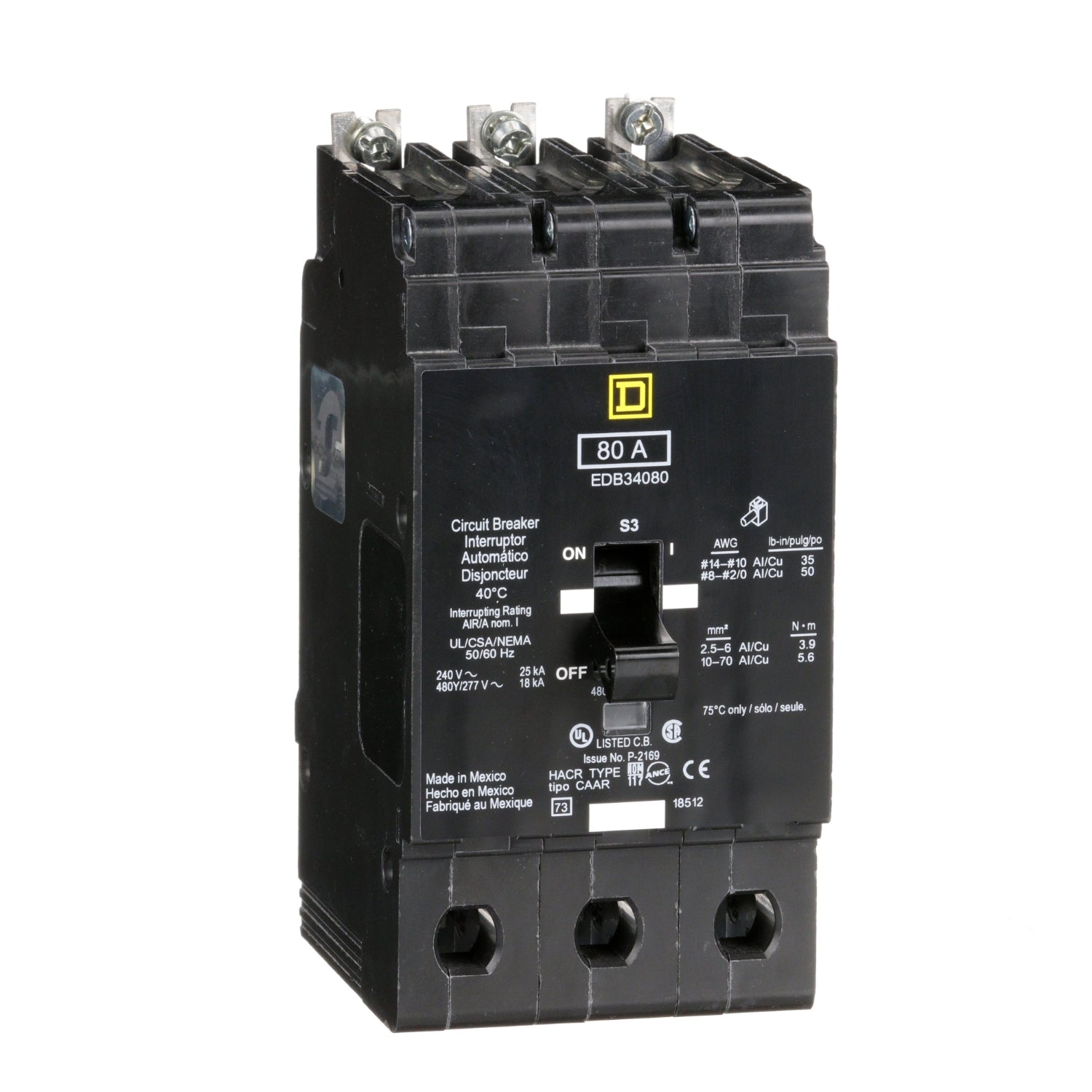 EDB34080 - Schneider Electric - Bolt-On 80 Amp 3 Pole 480 Volt Square D Molded Case Circuit Breaker