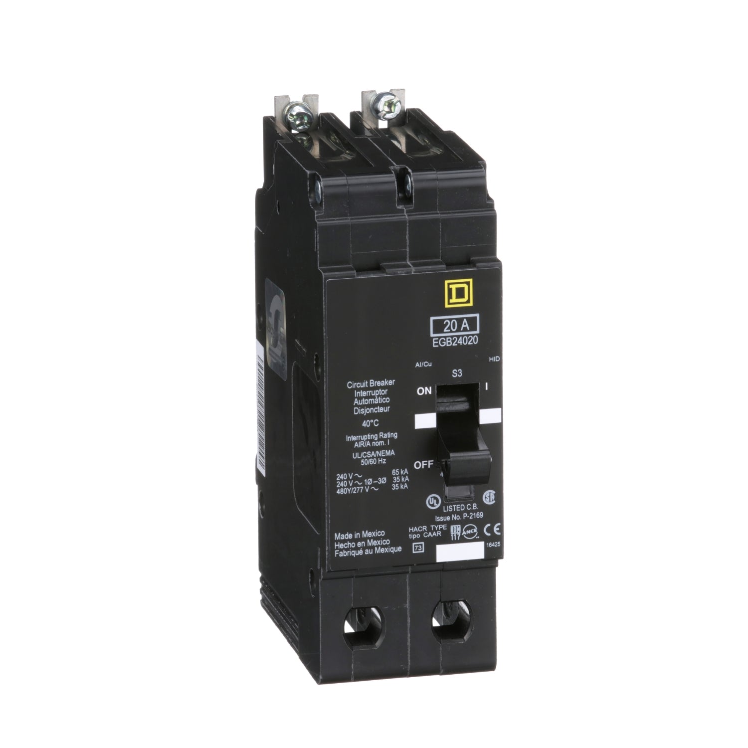 EGB24020 - Schneider Electric - Bolt-On 20 Amp 2 Pole 480 Volt Square D Molded Case Circuit Breaker