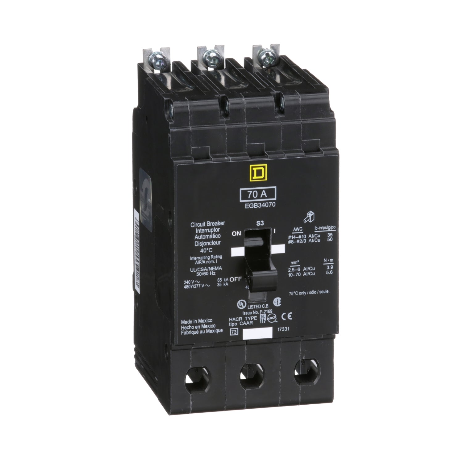 EGB34070 - Schneider Electric - Bolt-On 70 Amp 3 Pole 480 Volt Square D Molded Case Circuit Breaker