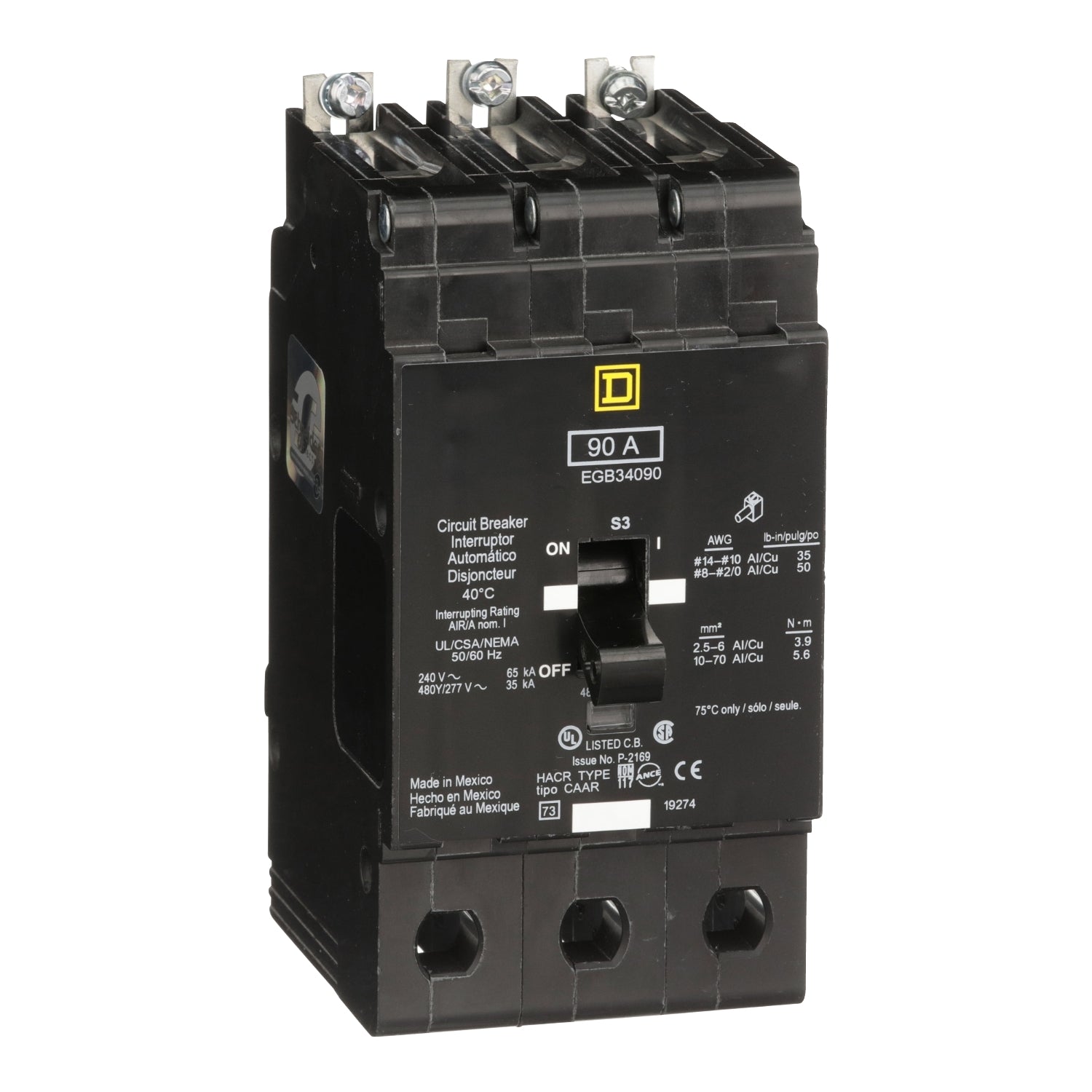 EGB34090 - Schneider Electric - Bolt-On 90 Amp 3 Pole 480 Volt Square D Molded Case Circuit Breaker