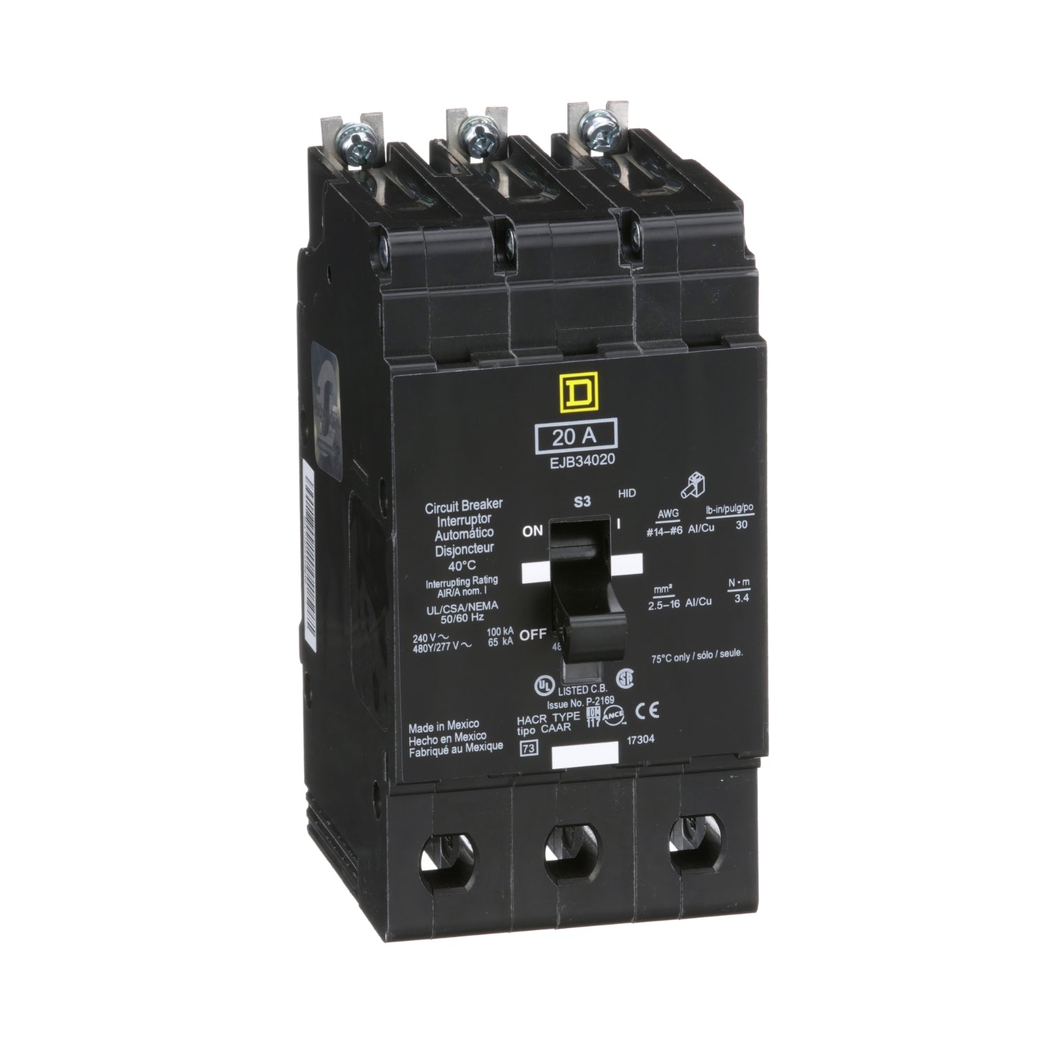 EJB34020 - Schneider Electric - Bolt-On 20 Amp 3 Pole 480 Volt Square D Molded Case Circuit Breaker