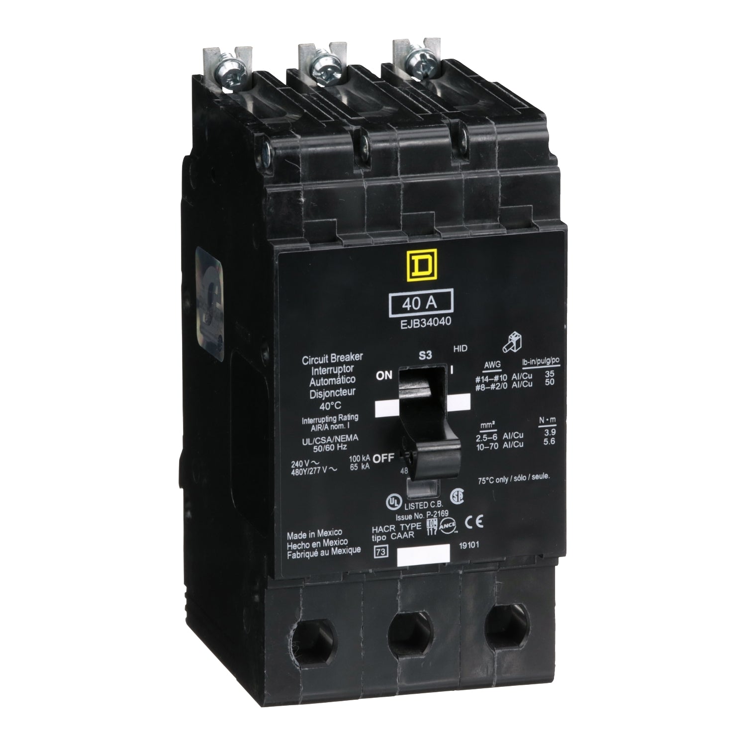 EJB34040 - Schneider Electric - Bolt-On 40 Amp 3 Pole 480 Volt Square D Molded Case Circuit Breaker