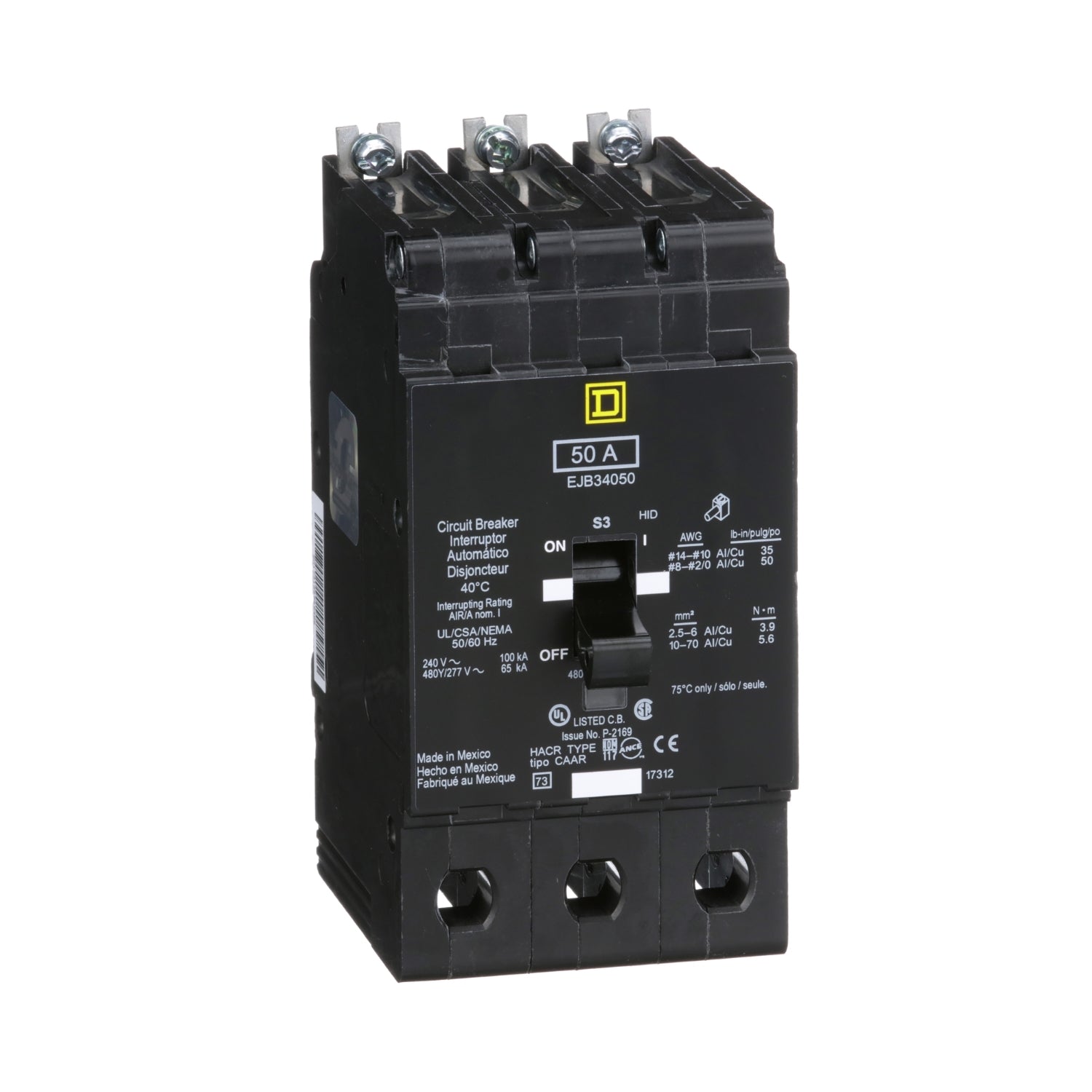 EJB34050 - Schneider Electric - Bolt-On 50 Amp 3 Pole 480 Volt Square D Molded Case Circuit Breaker