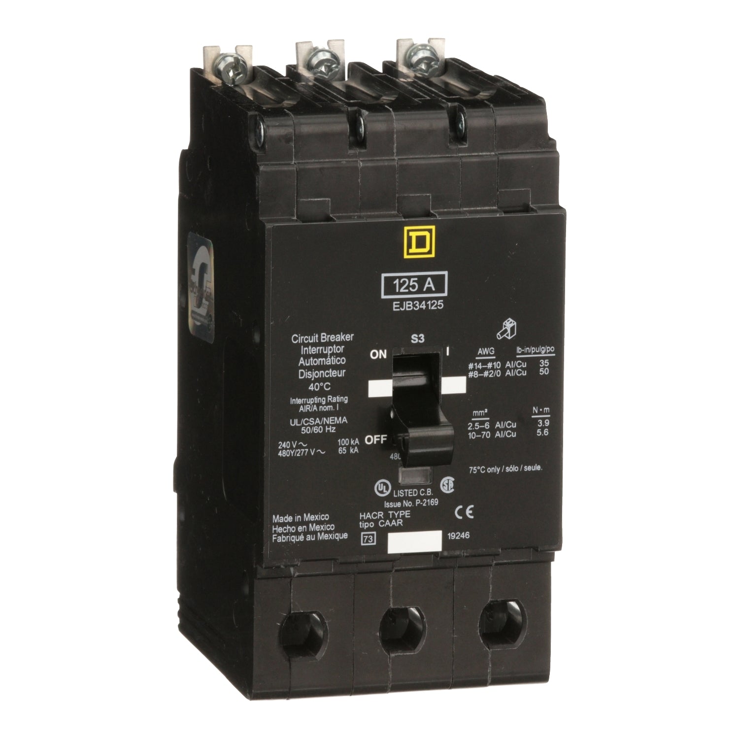 EJB34125 - Schneider Electric - Bolt-On 125 Amp 3 Pole 480 Volt Square D Molded Case Circuit Breaker