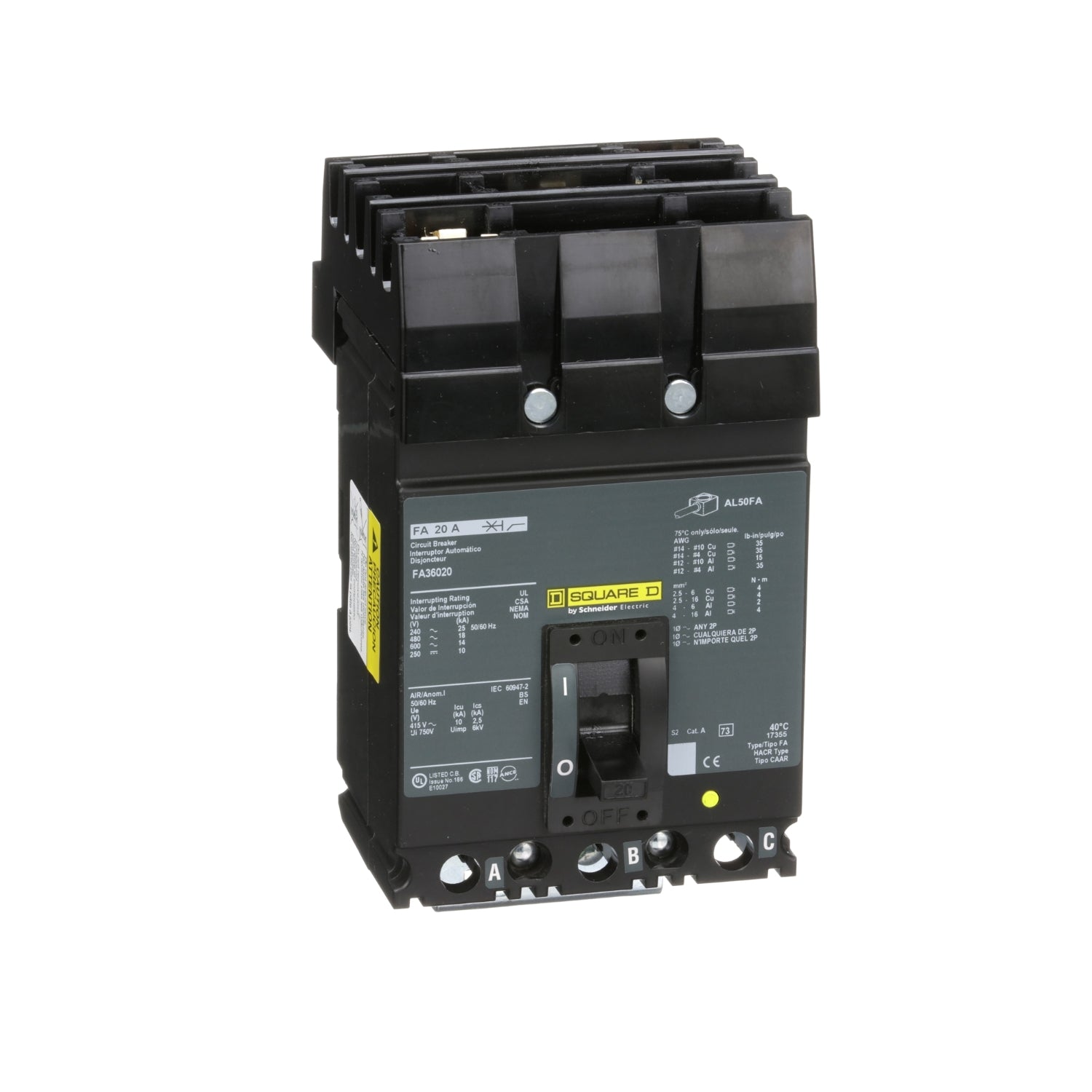 FA36020 - Schneider Electric - I-Line Plug-In - 20 Amp 3 Pole 600 Volt Square D Molded Case Circuit Breaker