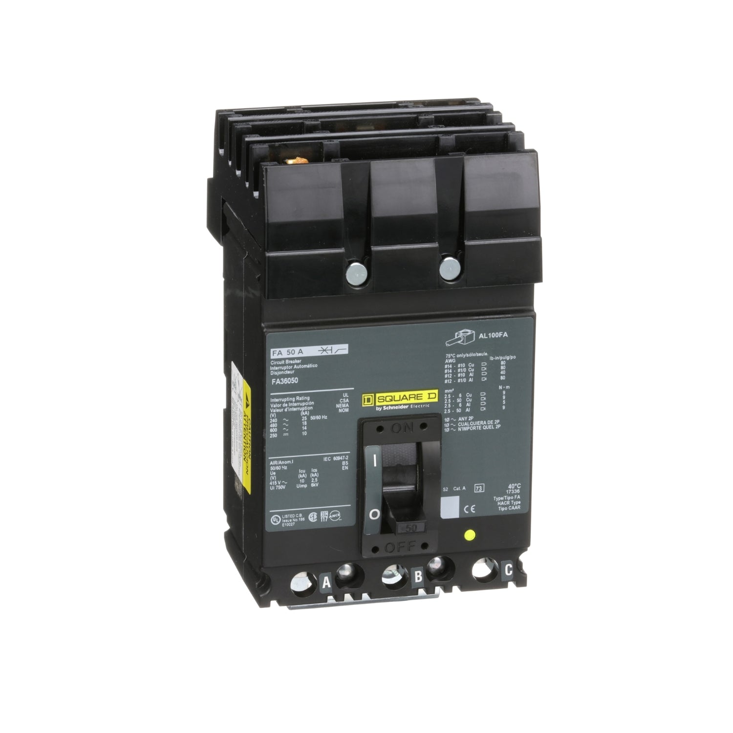 FA36050 - Schneider Electric - I-Line Plug-In - 50 Amp 3 Pole 600 Volt Square D Molded Case Circuit Breaker