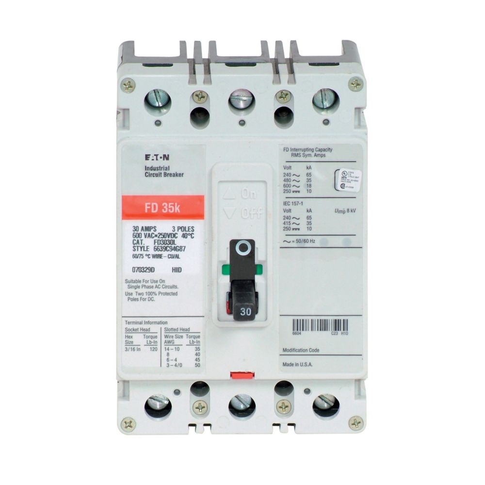 FD3030L - Eaton Cutler-Hammer - Feed Thru 30 Amp 3 Pole 600 Volt Molded Case Circuit Breakers