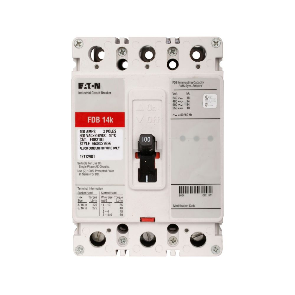 FDB3100L - Eaton Cutler Hammer - 100A Series C Complete Molded Case Circuit Breakers