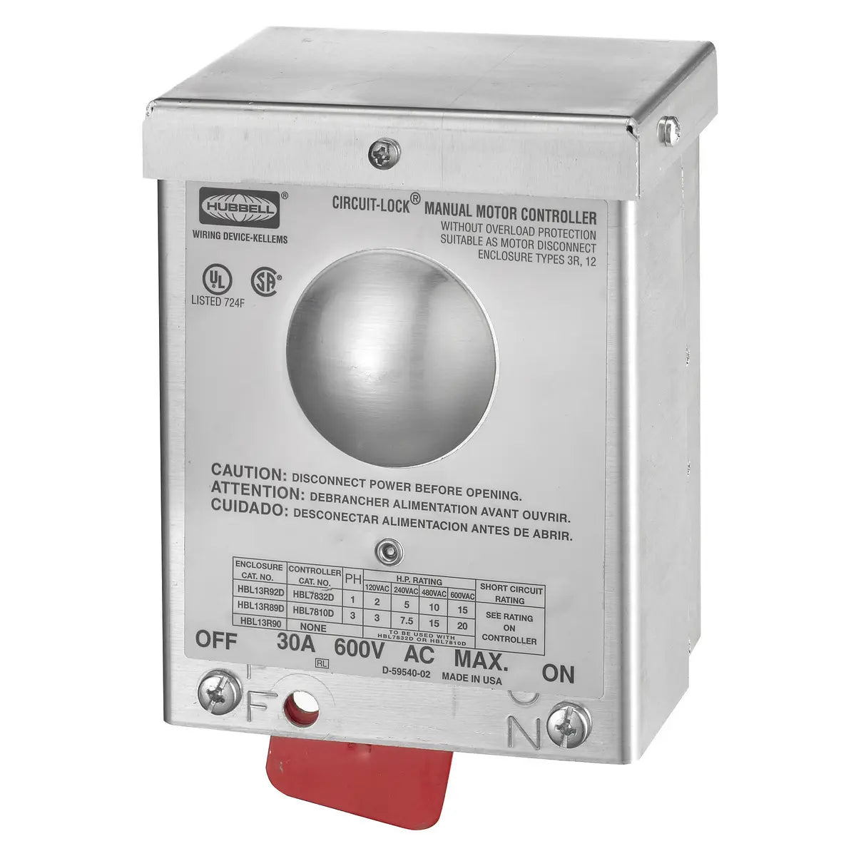 HBL13R89D - Hubbell Wiring Device-Kellems - 30A 600V AC 3-Pole Motor Disconnect Toggle Switch