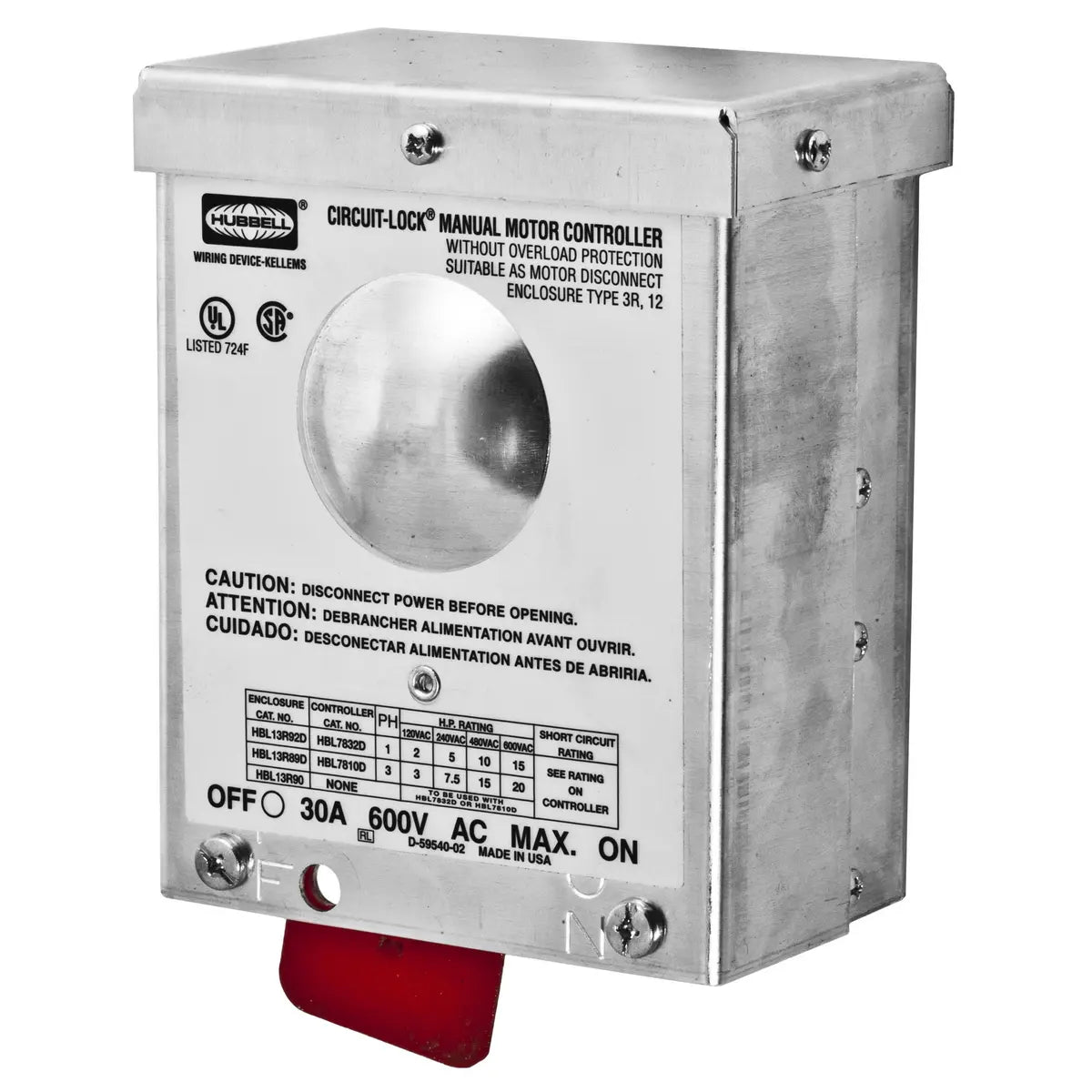 HBL13R89D - Hubbell Wiring Device-Kellems - 30A 600V AC 3-Pole Motor Disconnect Toggle Switch