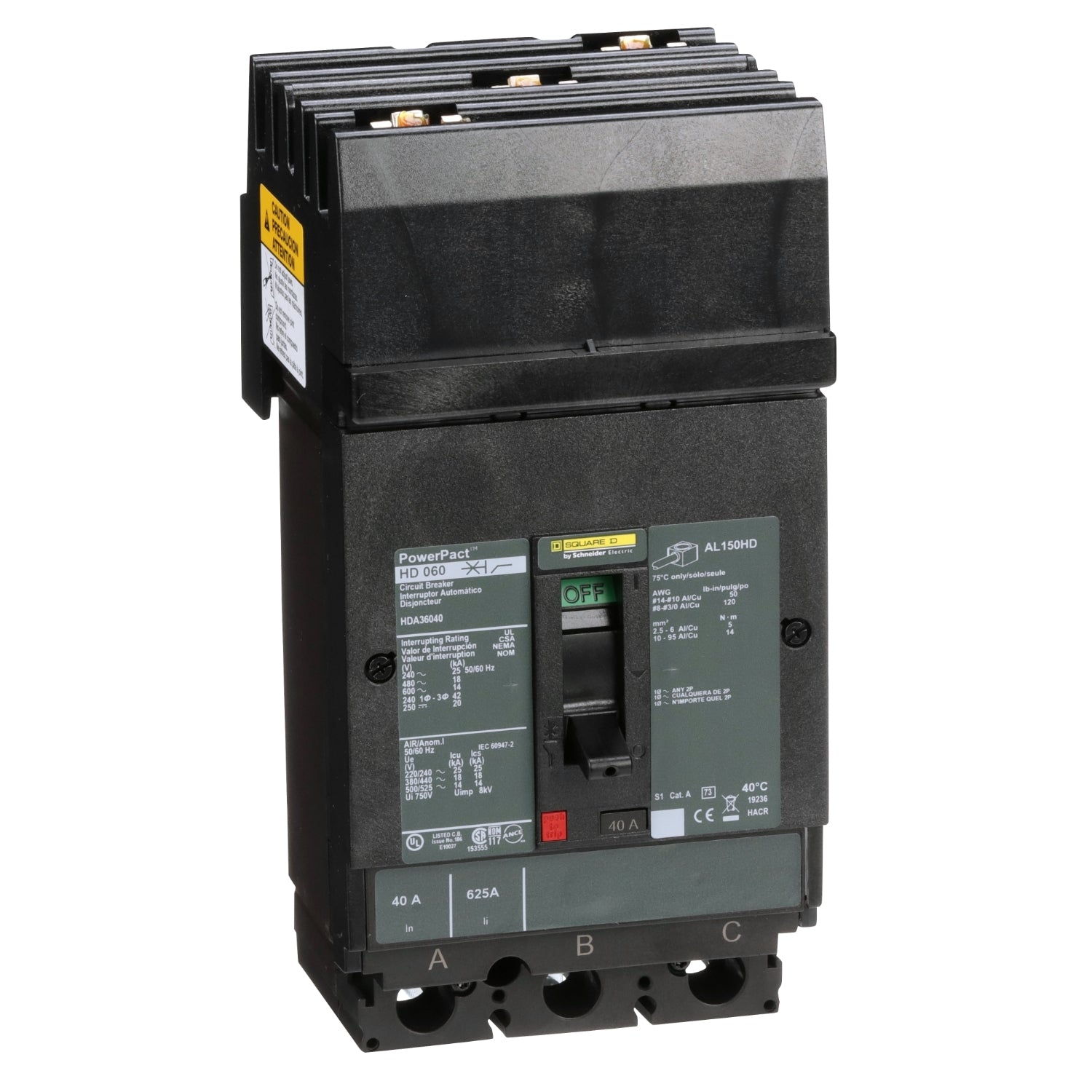 HDA36040 - Schneider Electric - I-Line Plug-In 40 Amp 3 Pole 600 Volt Square D Molded Case Circuit Breaker