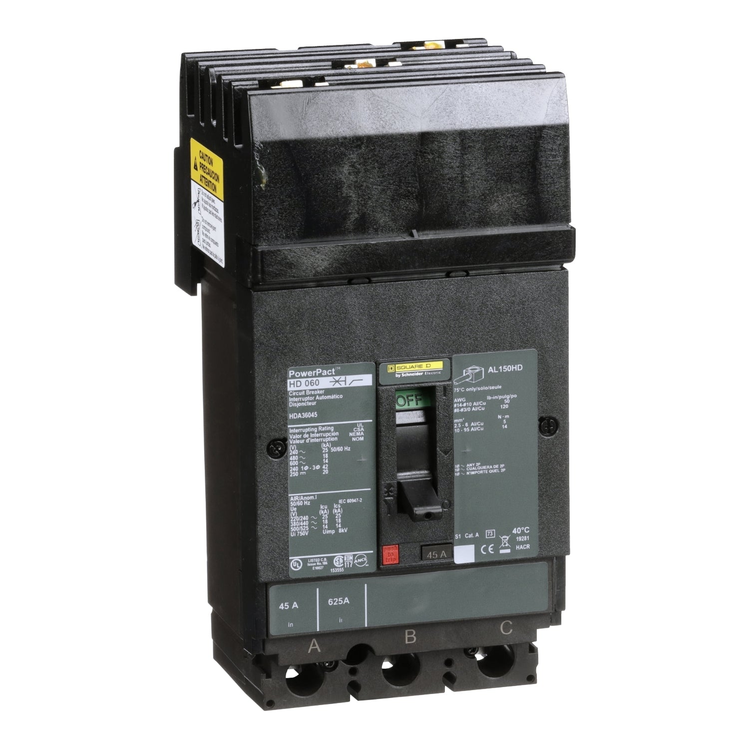 HDA36045 - Schneider Electric - I-Line Plug-In 45 Amp 3 Pole 600 Volt Square D Molded Case Circuit Breaker