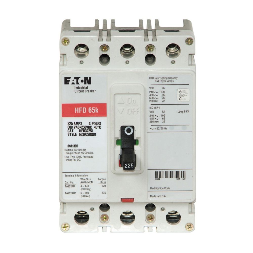 HFD3225L - Eaton Cutler-Hammer - Feed Thru 225 Amp 3 Pole 600 Volt Molded Case Circuit Breakers