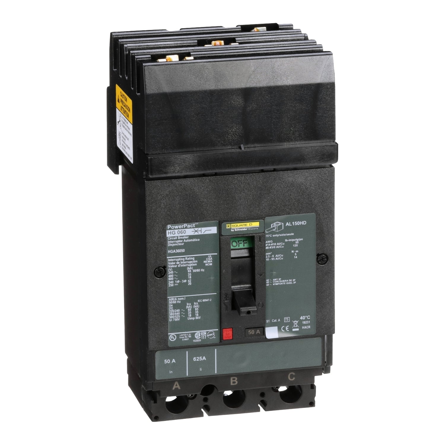 HGA36050 - Schneider Electric - I-Line Plug-In 50 Amp 3 Pole 600 Volt Square D Molded Case Circuit Breaker