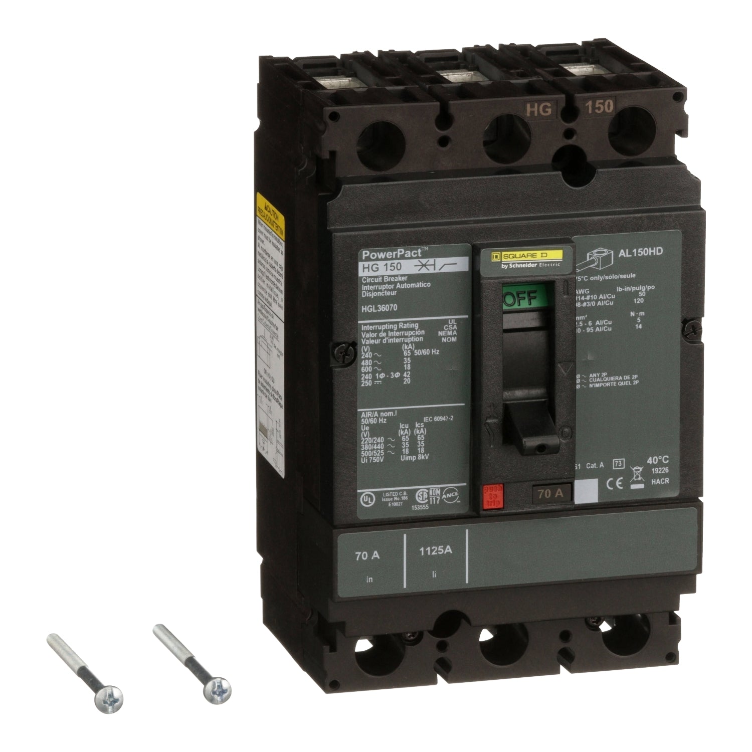HGL36070 - Schneider Electric - Feed-Thru 70 Amp 3 Pole 600 Volt Square D Molded Case Circuit Breaker