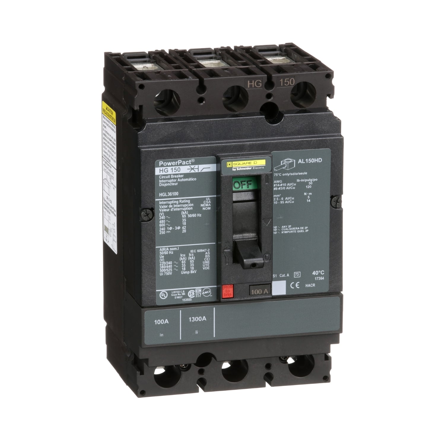 HGL36100 - Schneider Electric - Feed-Thru 100 Amp 3 Pole 600 Volt Square D Molded Case Circuit Breaker