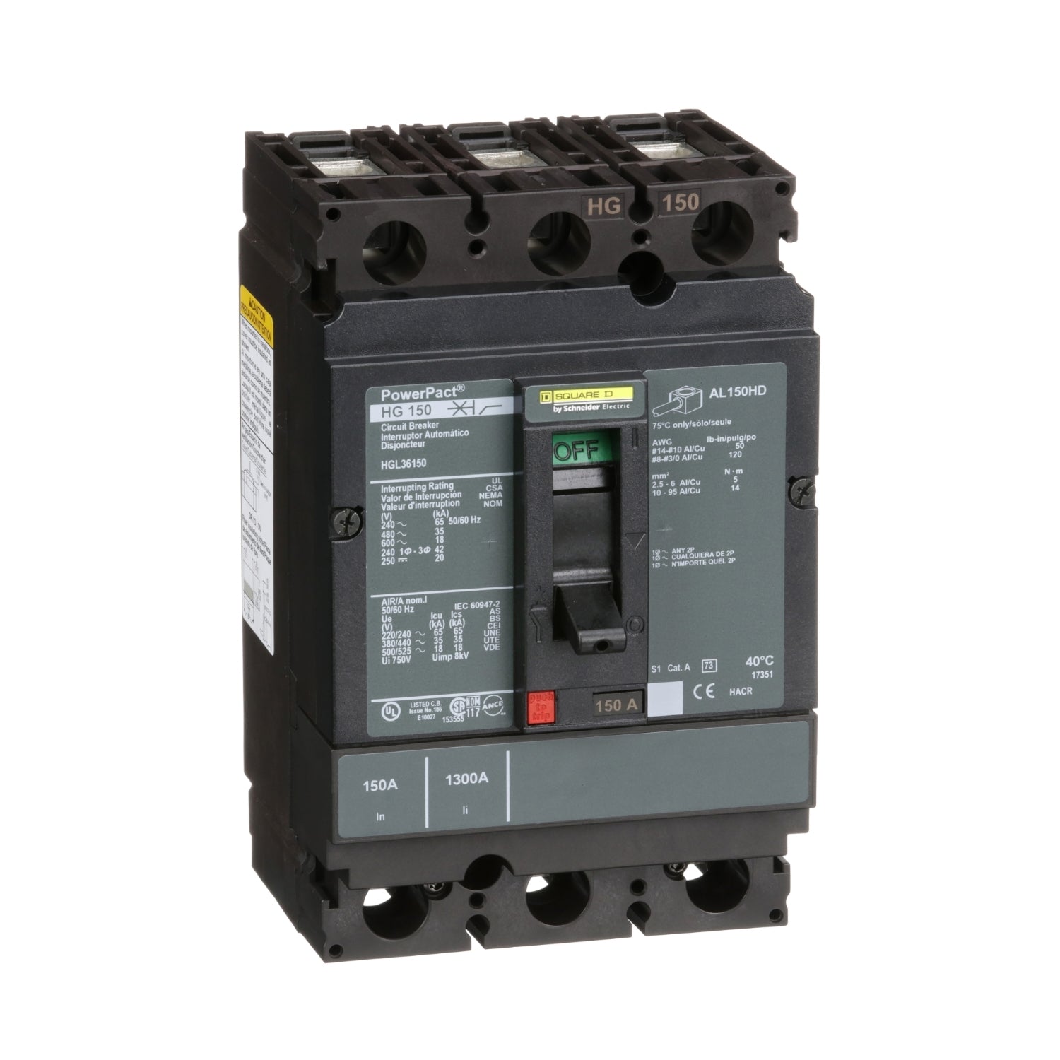 HGL36150 - Schneider Electric - Feed-Thru 150 Amp 3 Pole 600 Volt Square D Molded Case Circuit Breaker