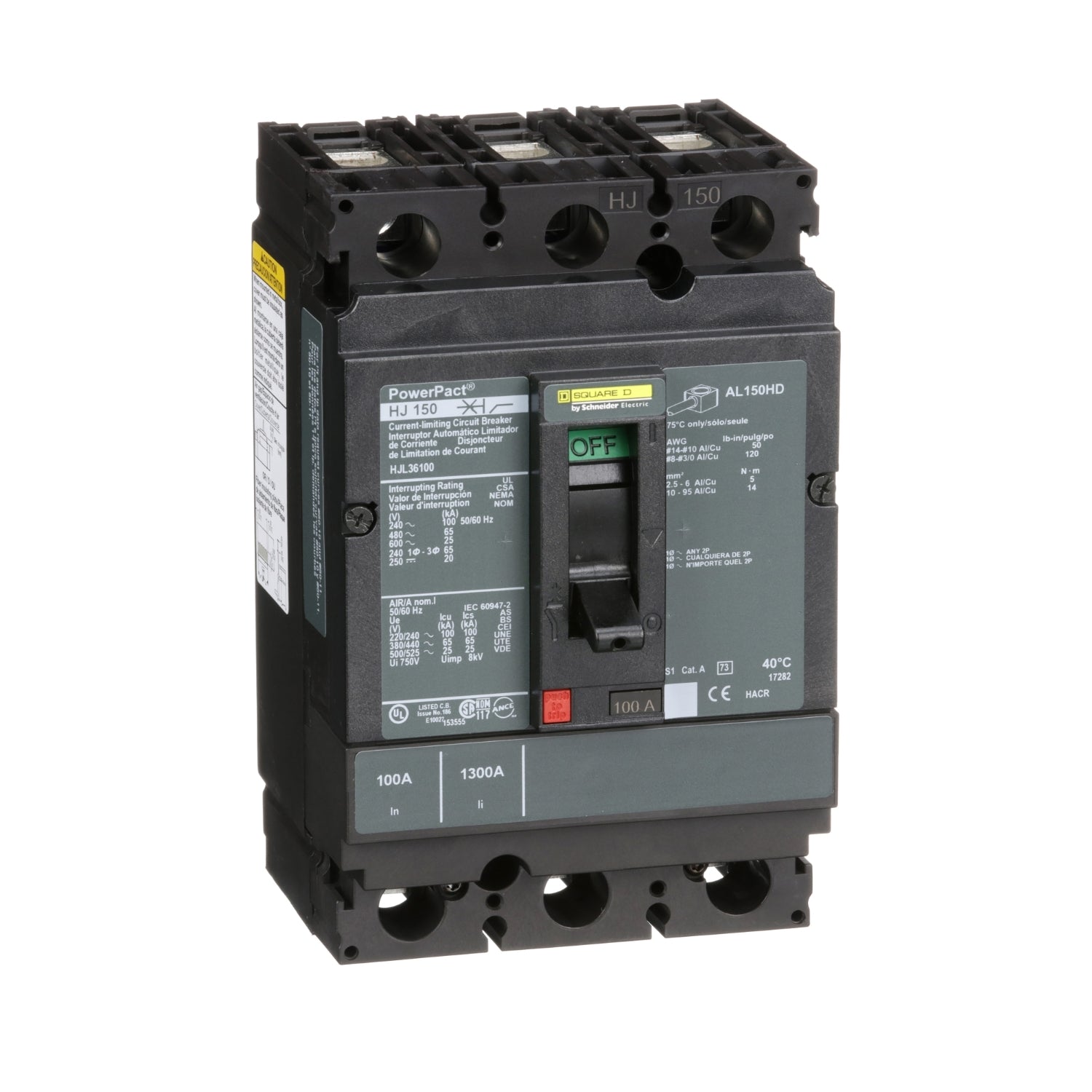 HJL36100 - Schneider Electric - Feed-Thru 100 Amp 3 Pole 600 Volt Square D Molded Case Circuit Breaker