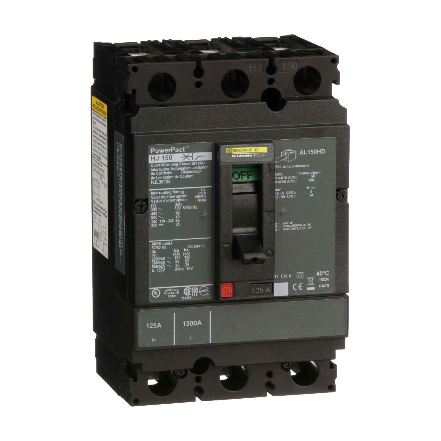HJL36125 - Schneider Electric - Feed Thru 125 Amp 3 Pole 600 Volt Square D Molded Case Circuit Breaker