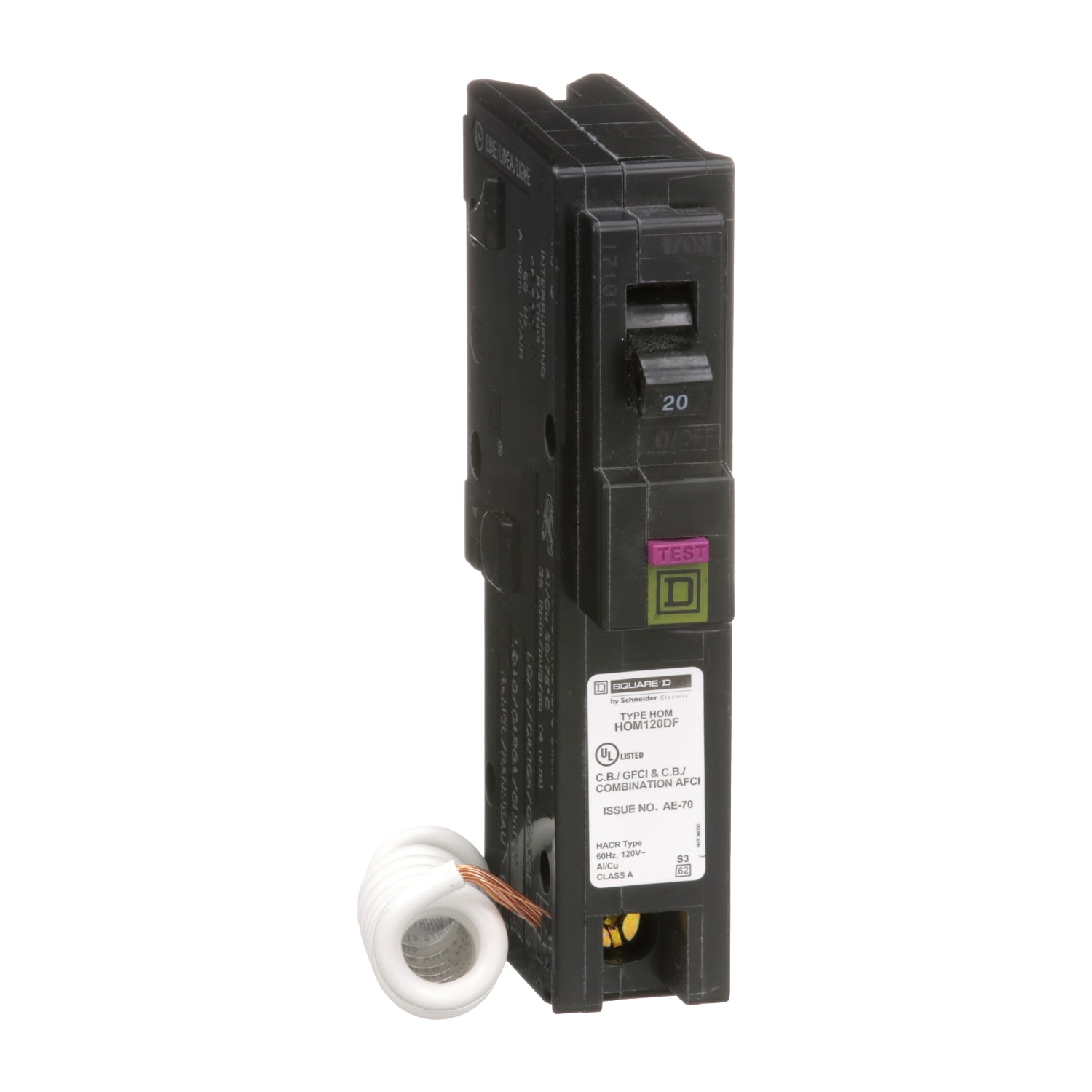 HOM120DF - Schneider Electric - Plug-In 20 Amp 1 Pole 120 Volt Square D Homeline Dual Function Circuit Breaker