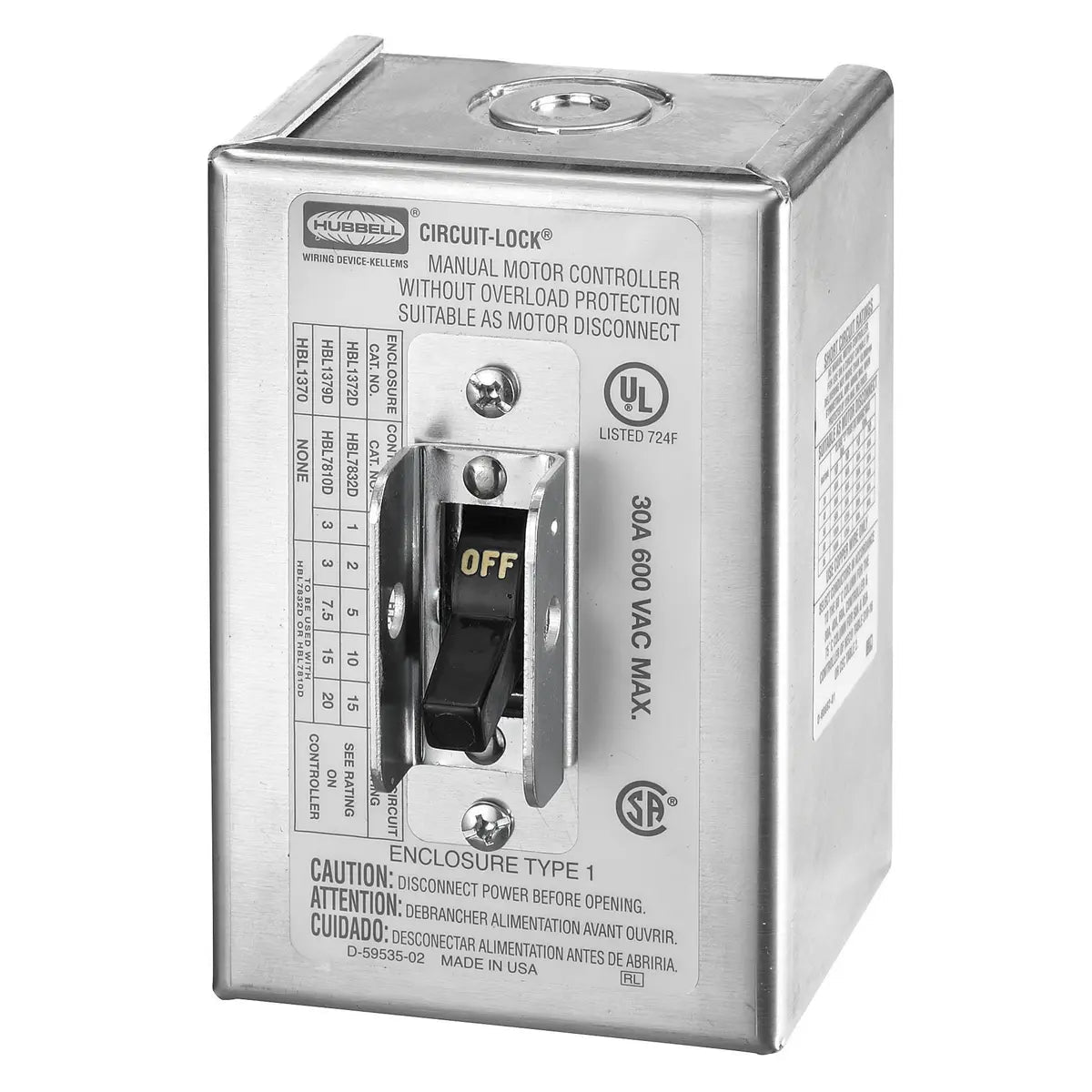 HUBHBL1379 - Hubbell - 30A 3-Pole 600V AC Toggle Motor Disconnect Switch